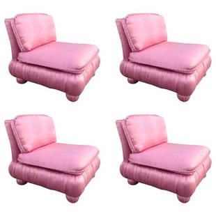 Mid Century Modern Slipper Chairs Set of 4: Four slipper chairs. Chairs have bun feet. Each measures: 26H x 28W x 31D.
