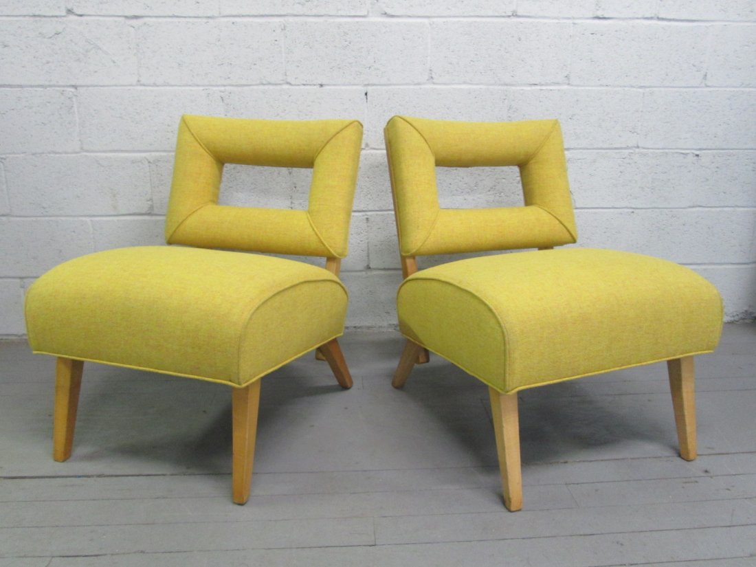 Pair Grosfeld House Style Chairs. Newly upholstere: Pair Grosfeld House Style Chairs. Newly upholstered with wood frame. Some plugs missing from the frame. Measures: 29.5"H x 21"W x 29"D