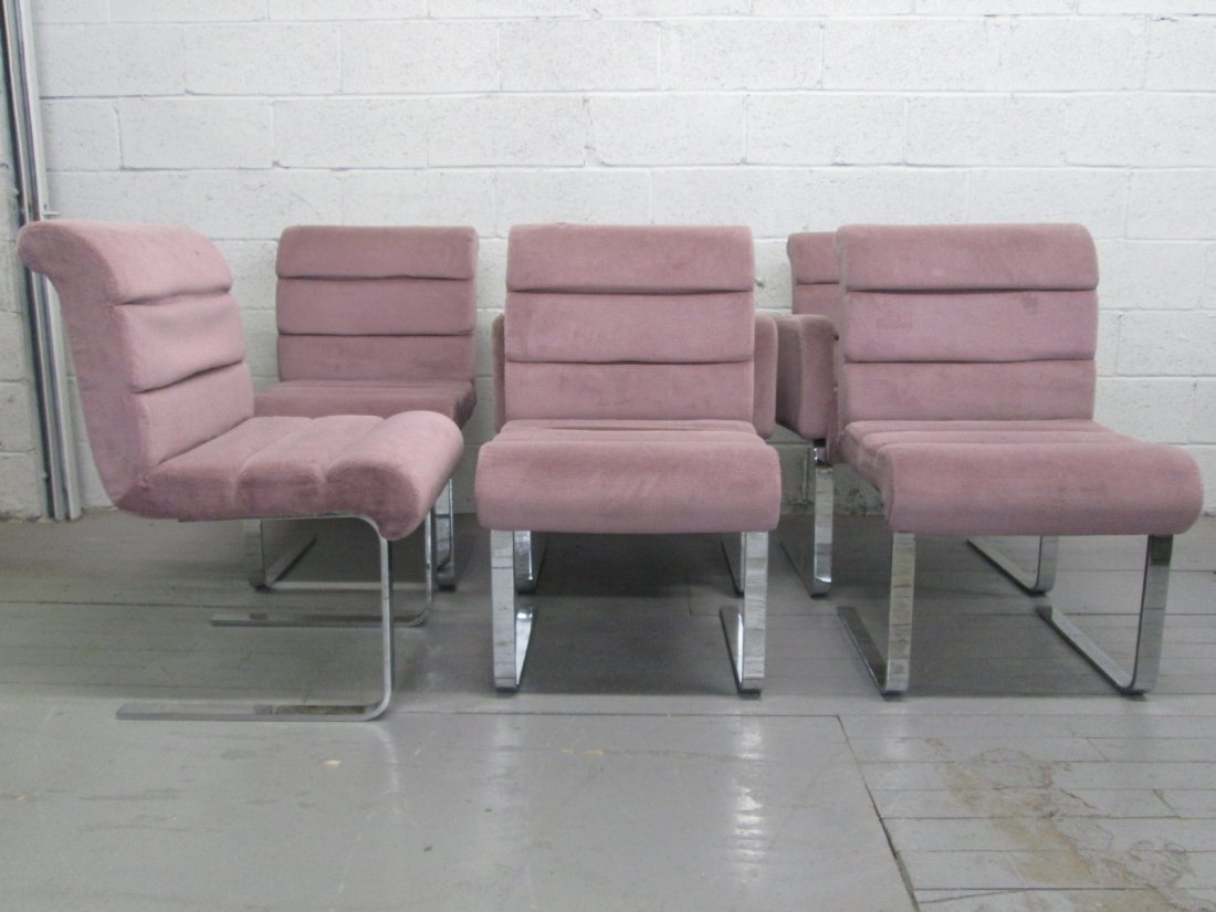 Six Milo Baughman Style Chairs: Set of 6 Milo Baughman style chairs. Two with arms. All chairs has some wear and will need to be reupholstered. Chrome in good shape. Arm chairs measures: 25"D x 25"W x 33.5"H. Without arms, 20.5"W x 