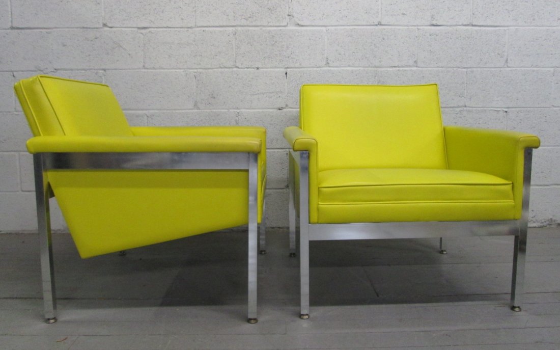 Pair Milo Baughman Style Chrome Chairs: Yellow vinyl upholstery with flat chrome frame. Vinyl has some small tears. Chrome in good shape. Measures: 29"W x 29"D x29"H