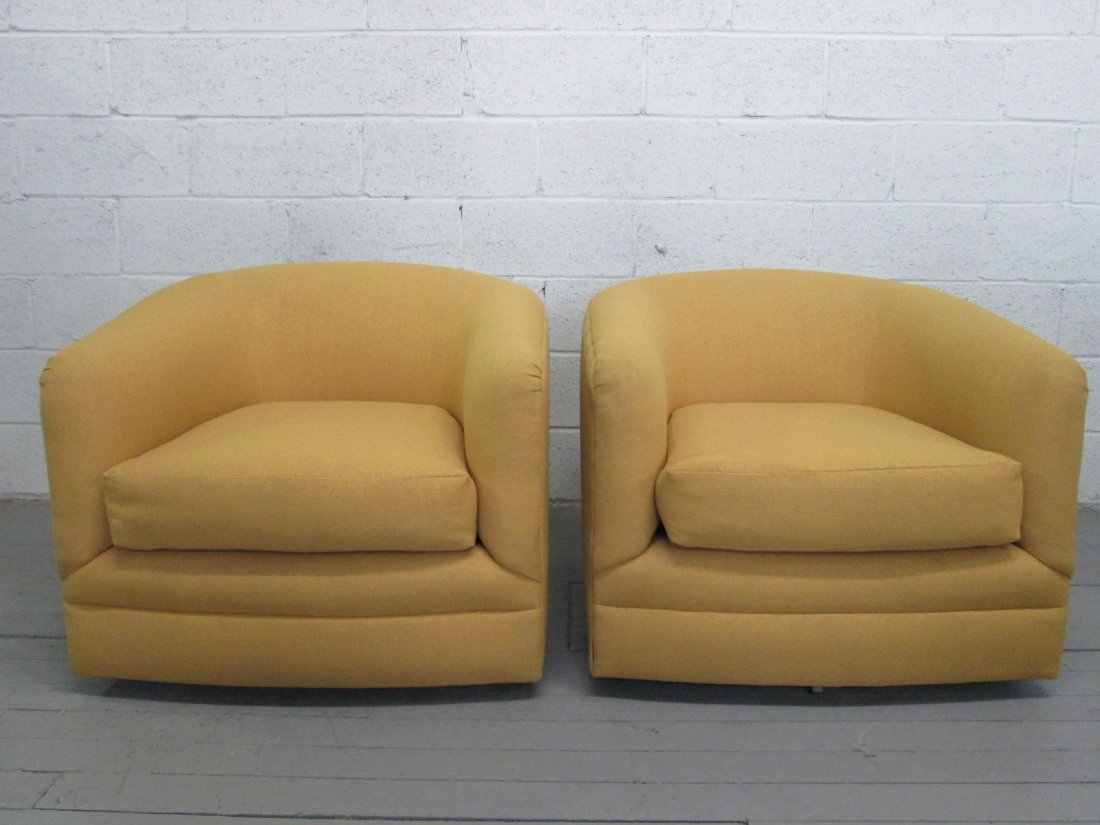 Pair Milo Baughman Style Swivel Chairs: Will need reupholstering. Fabric has stain on side of one chair. Measures: 27.5"H x 31"W x 35"D