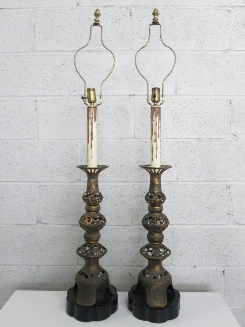 Pair James Mont Style Lamps: Wrought iron lamps with an Asian style. Measures: 46.5"H to top of finial.