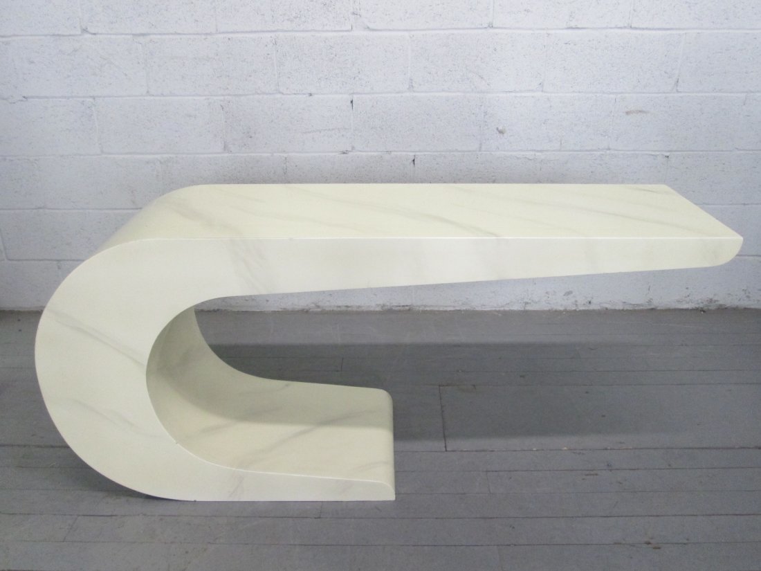 Pierre Cardin Style Cantilevered Console Table: Cantilevered style console table designed in the manner of Pierre Cardin. Made of formica. Measures: 60"W x 16"D x 27.5"H
