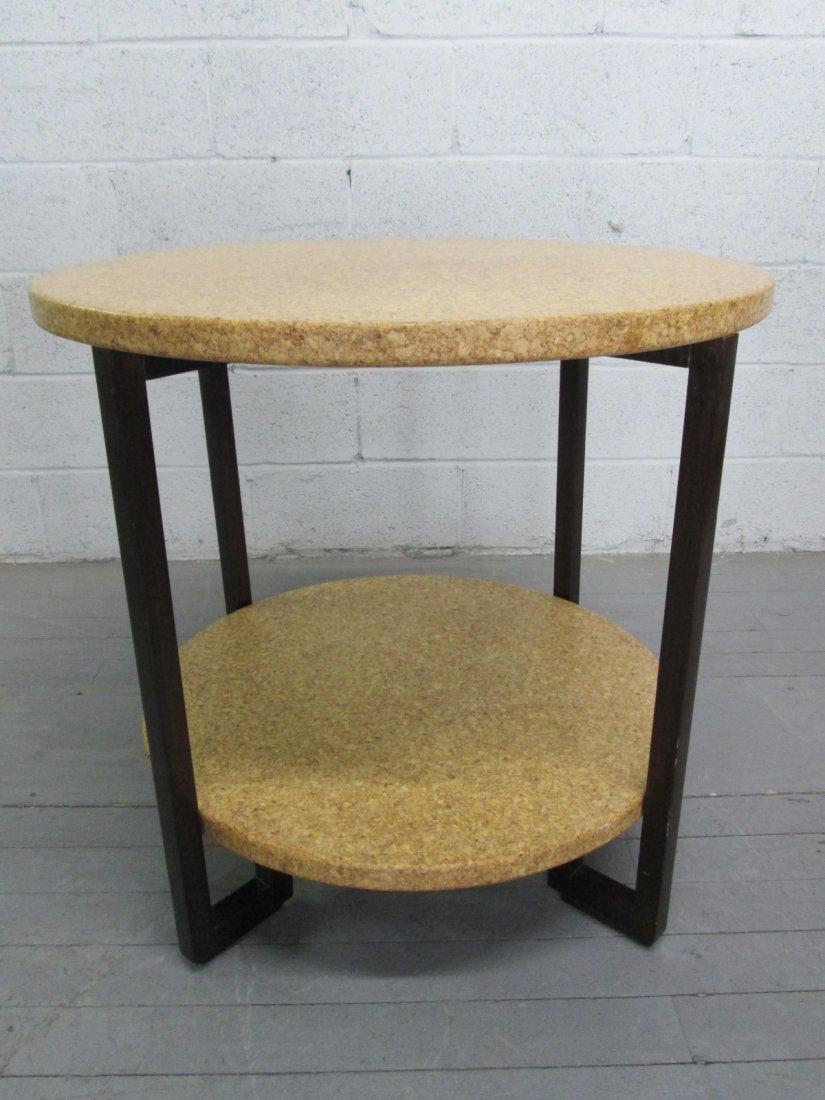 Paul Frankl Cork Top Two Tier Table: Cork two tier top table by Paul Frankl. Top have a light lacquered finish. Wood frame. Measures: 30" in diameter x 28.5"H.