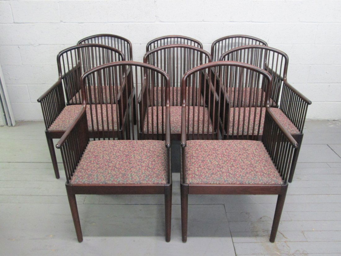 8 Davis Allen for Knoll Exeter Chairs: Davis Allen (1916-1999) for Knoll, Exeter Chairs (8). Mahogany framed chairs with a floral fabric pattern cushioned seat. Each measures: 37"H x 21.5"W x 22"D