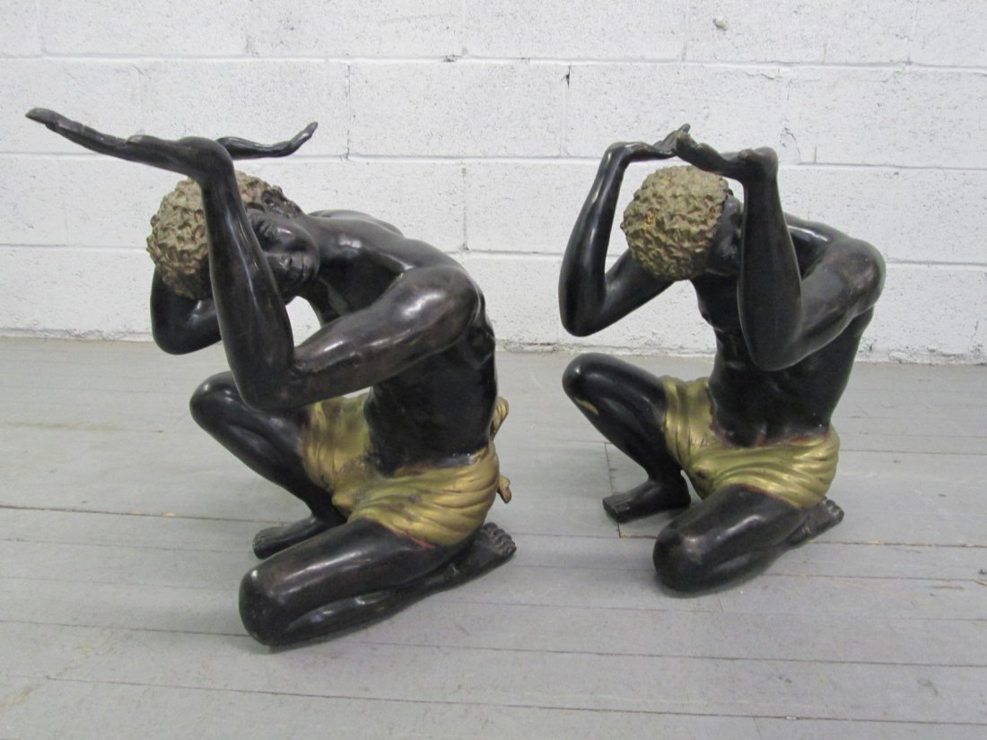 Pair Bronze & Iron Blackamoor Table Bases: Well sculpted Blackamoor table bases. Missing glass tops. Measures: 21.5"H x 20"D