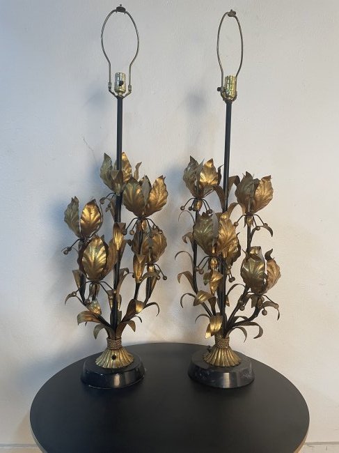 Gilt Metal Floral Lamps - Pair: Gilt metal floral lamps. The lamps have an Italian marble round base. Measures: 43H x 15 in diameter.