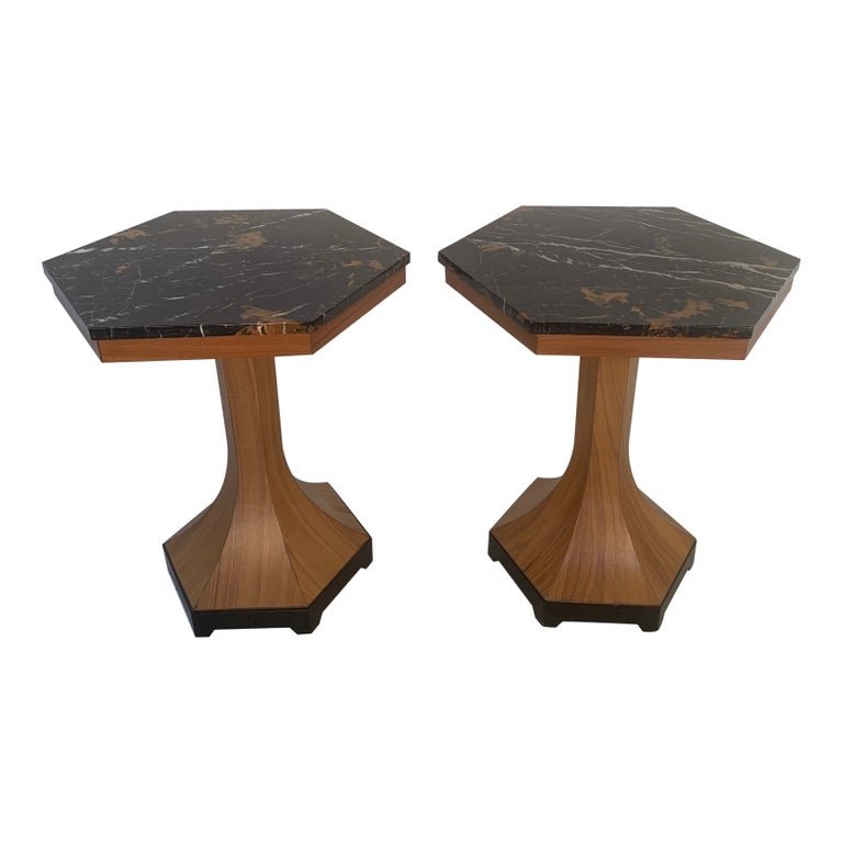 Walnut and Marble-Top Pedestal Tables (1 of 5)
