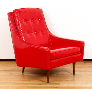 Milo Baughman for Thayer Coggin Lounge Chair: Red vinyl lounge chair. The chair has walnut legs, nice mid century modern lines, and angled tapered rear legs. Measures: 34H x 28.5W x 28.5D.