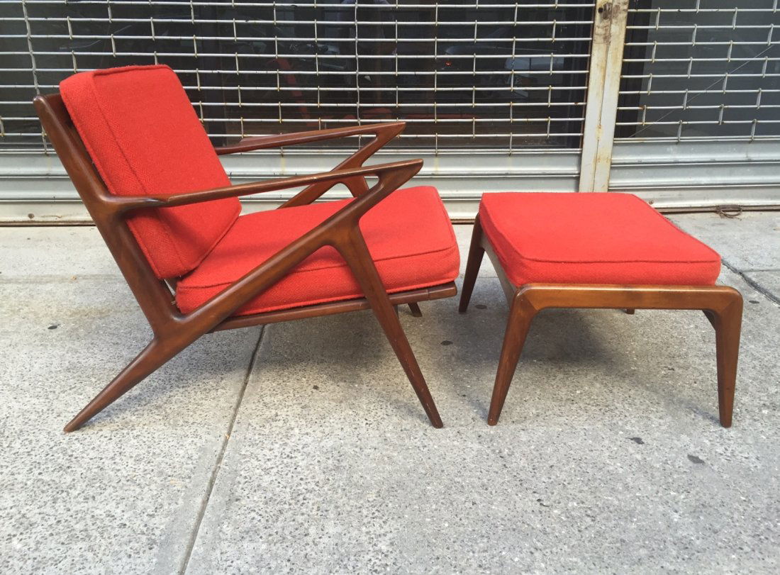 Selig Z Lounge Chair and Ottoman: Danish modern Z chair and ottoman by Selig. Measures: 27H x 29.5W x 30D. Seat: 16H.