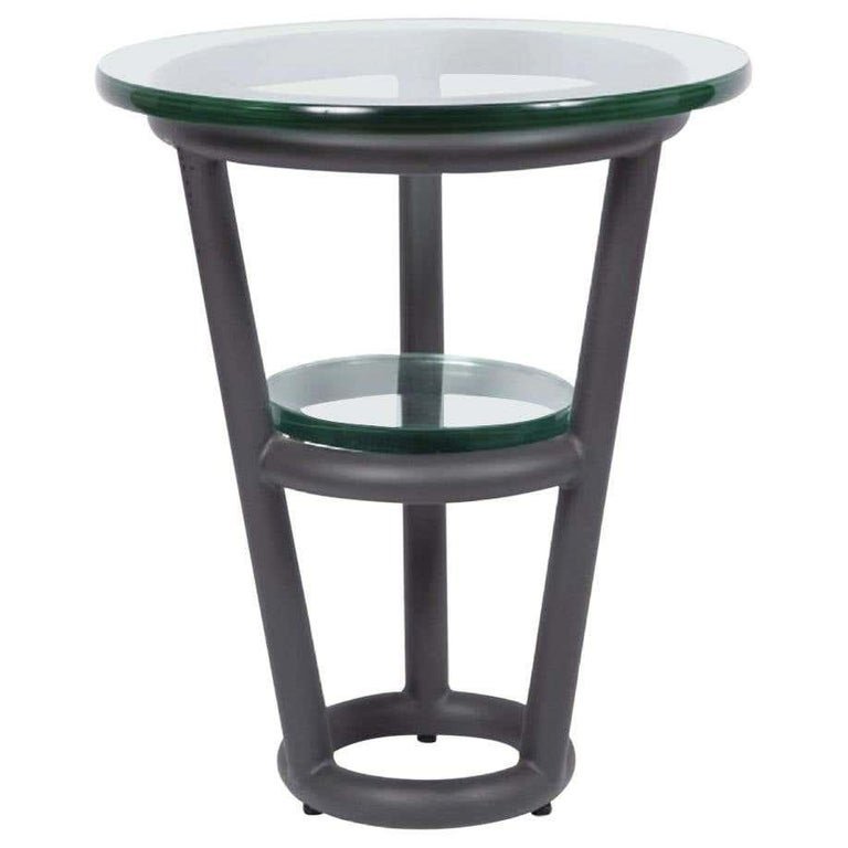 David Ebner Tubular Steel Side Table: Glass tops to the first and second tier. Measures: 21H x 18 in diameter.