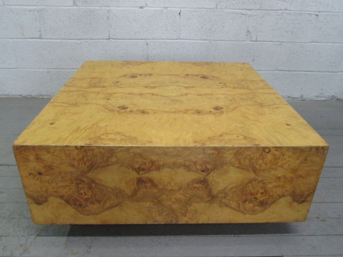 Milo Baughman Coffee Table: Burl coffee table by Milo Baughman. Olive burl Measures: 36"W x 36"D x 15"H
