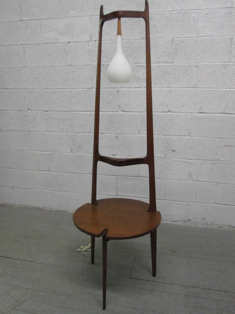Mid Century Pendant Floor Lamp: Walnut framed floor lamp with Laurel pendant style globe. Measures: 66"H. Table is apprx 21" in diameter.