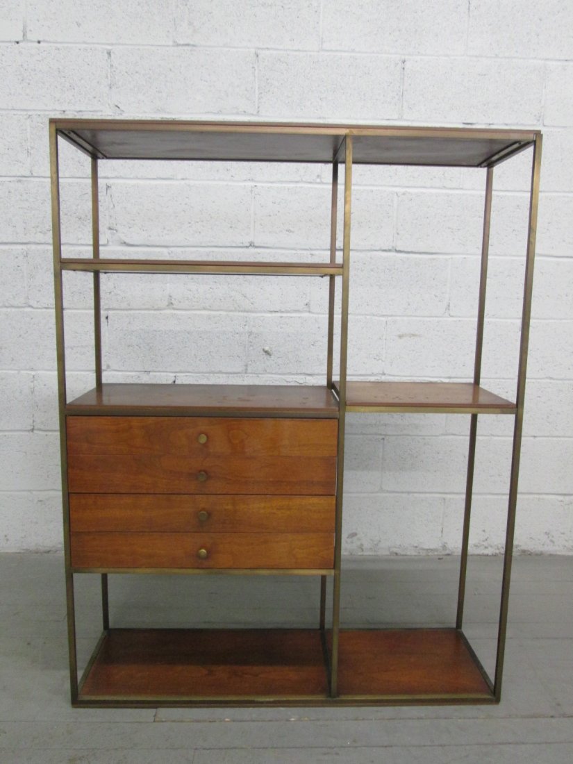 Paul McCobb Style Open Display Shelf Unit: Walnut and brass display unit with 4 pull out drawers. Measures: 12"D x 37.5"W x 49"H