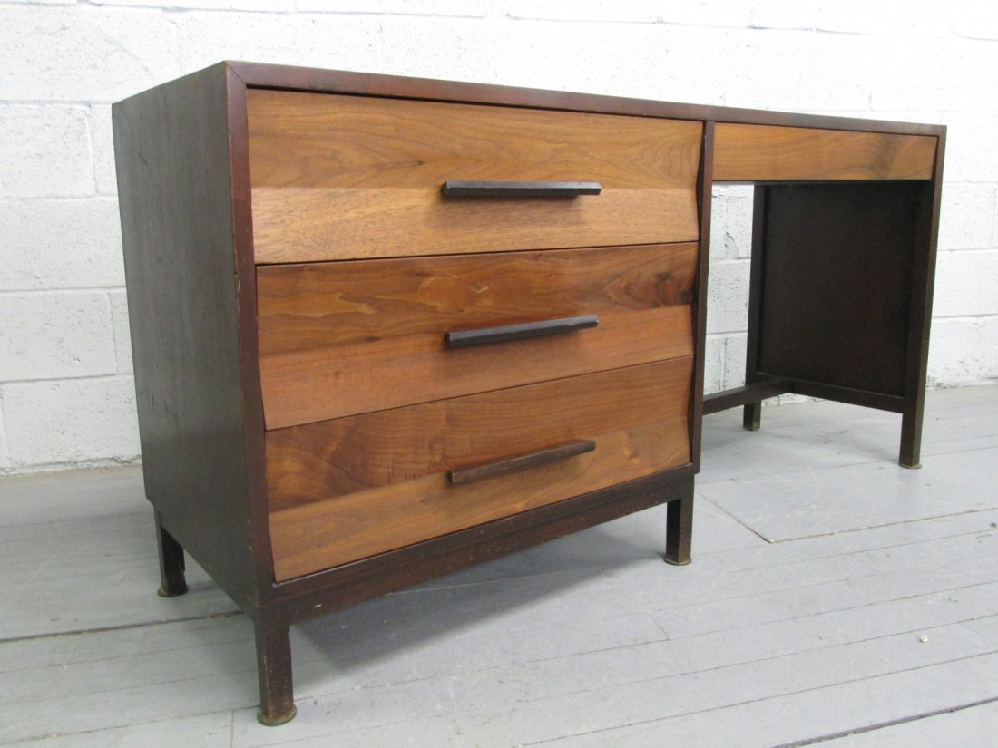 Dunbar Desk Labeled: Missing one round glide to the feet. Some scratches. Measures: 60"W x 18"D x 29"H