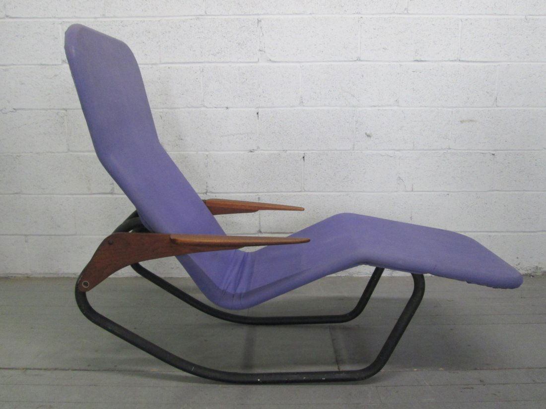 Barwa Chaise by Bartolucci & Waldheim: Chaise is purple fabric with walnut arms. Measures: 53"D x 25"W x 41"H