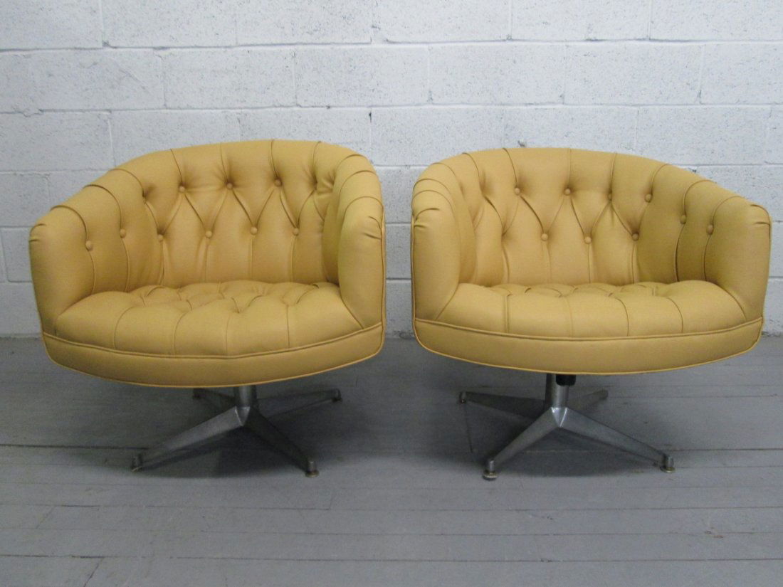 Pair Ward Bennett Style Swivel Chairs: Gorgeous swivel pair of tufted chairs. Newly upholstered with chrome base. Some pitted areas to the chrome. Measures: 29"H x 30"W x 28"D