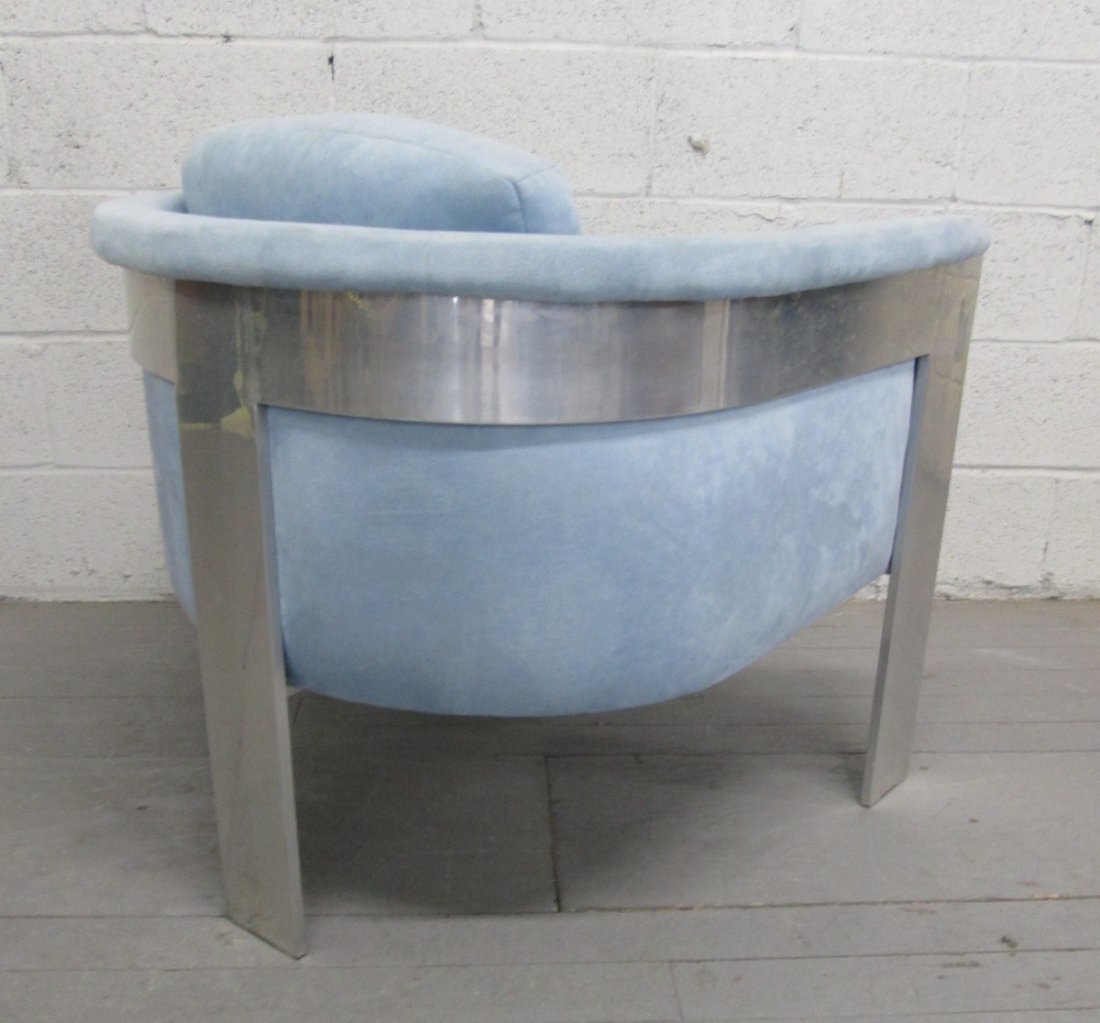 Mid Century Milo Baughman Style Chrome Chair: Milo Baughman style flat chrome chair with a light blue ultra suede upholstery.