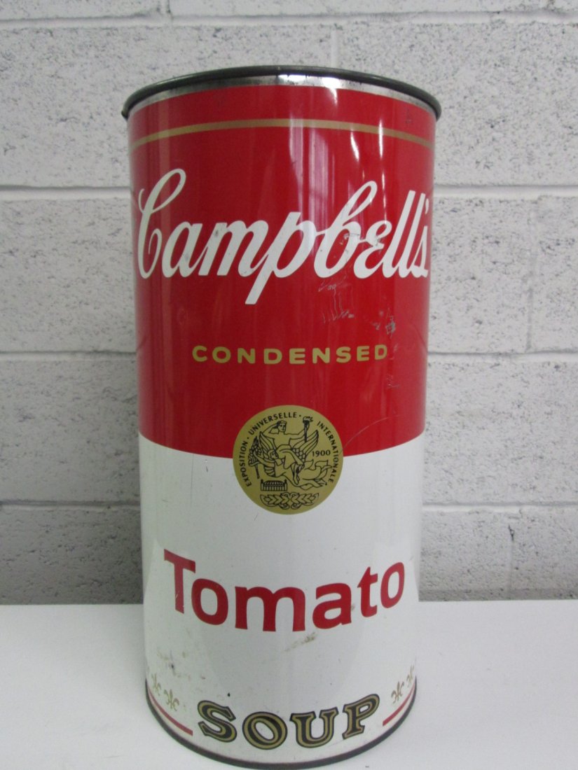 Campbell Tomato Soup Can after Warhol: Tin Campbell soup can after Warhol. Measures: 19.5"H x 10" in diameter.