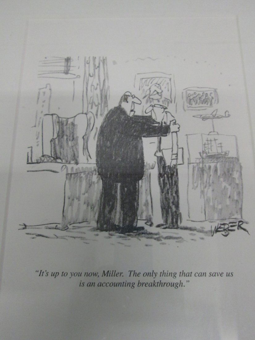 Robert Weber Cartoon Print from New Yorker Magazin: Originally appeared in the New Yorker Magazine, August 26, 1991. Measures (framed) 11.5" x 14.5". Robert Weber was born in Los Angeles in 1924. He is a World War II veteran and a graduate of the Pratt