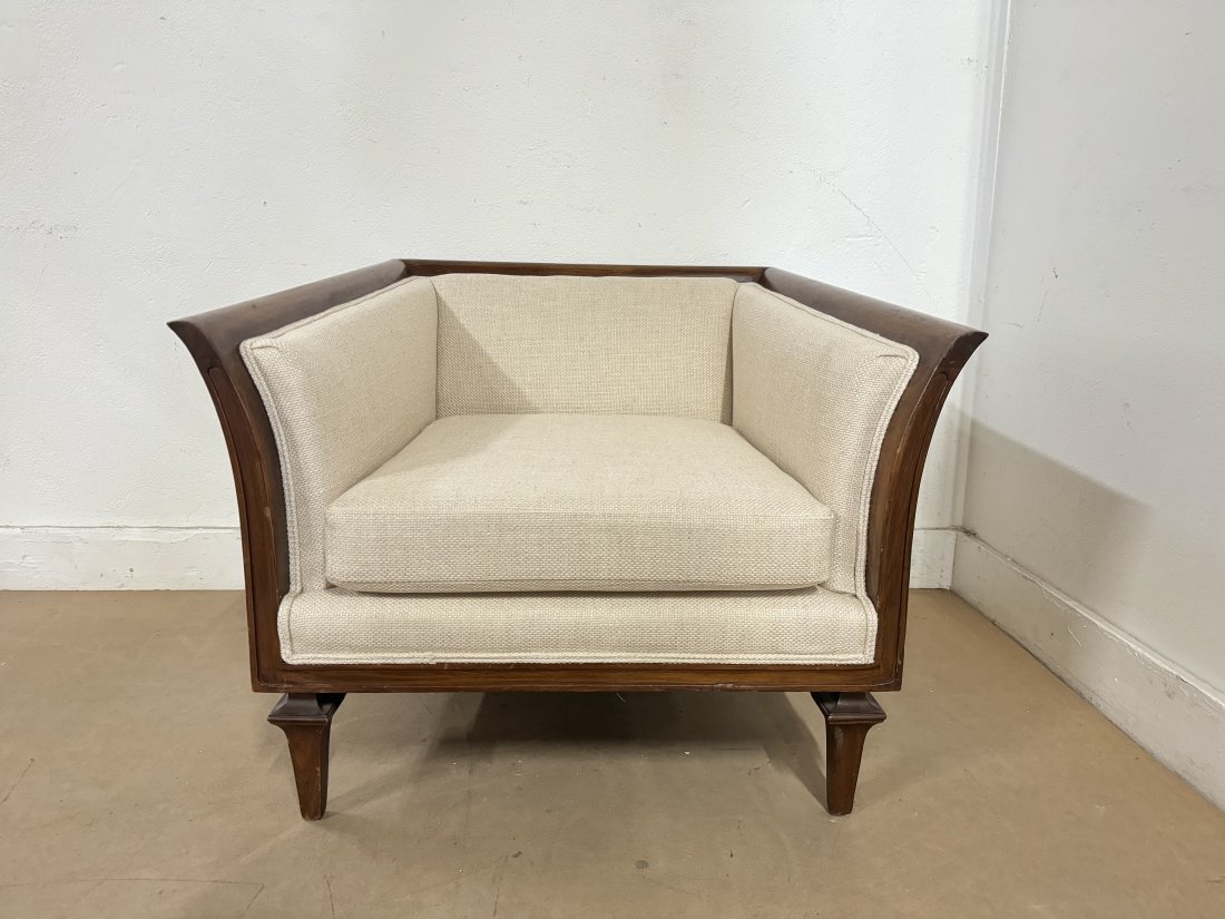 Sculptural Walnut Lounge Chair: Chair upholstered in a linen-blend fabric. Measures: 26H x 31.5W x 33D.