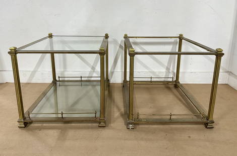 Mid Century Modern Brass and Glass Tables -Pair: Pair of brass and glass side tables. Measures: 20.75H x 28W x 22D