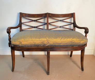 Antique Style Loveseat: Antique Style Loveseat. Mahogany frame, cane seat with a down filled cushioned seat. Measures: 36H x 48.5W x 23D. SH 17.5.