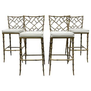 Faux Bamboo Bar Stools - Set of 4: Faux bamboo metal framed bar stools with vinyl seats. Frame are painted gold. Measures: 43H x 18W x 20.25D. Seat height: 30.5