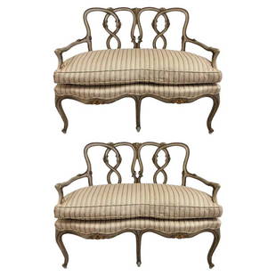 Gilt Painted Loveseats Pair: Original seat upholstery and down filled. Measures: 36H x 48W x 29D. Seat height: 22.5