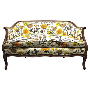 Floral Upholstered Loveseat: Loveseat with a dark stained wooden frame. Also has a down filled cushioned seat. Measures: 33H x 51.5W x 30.5D. Seat height: 20.5