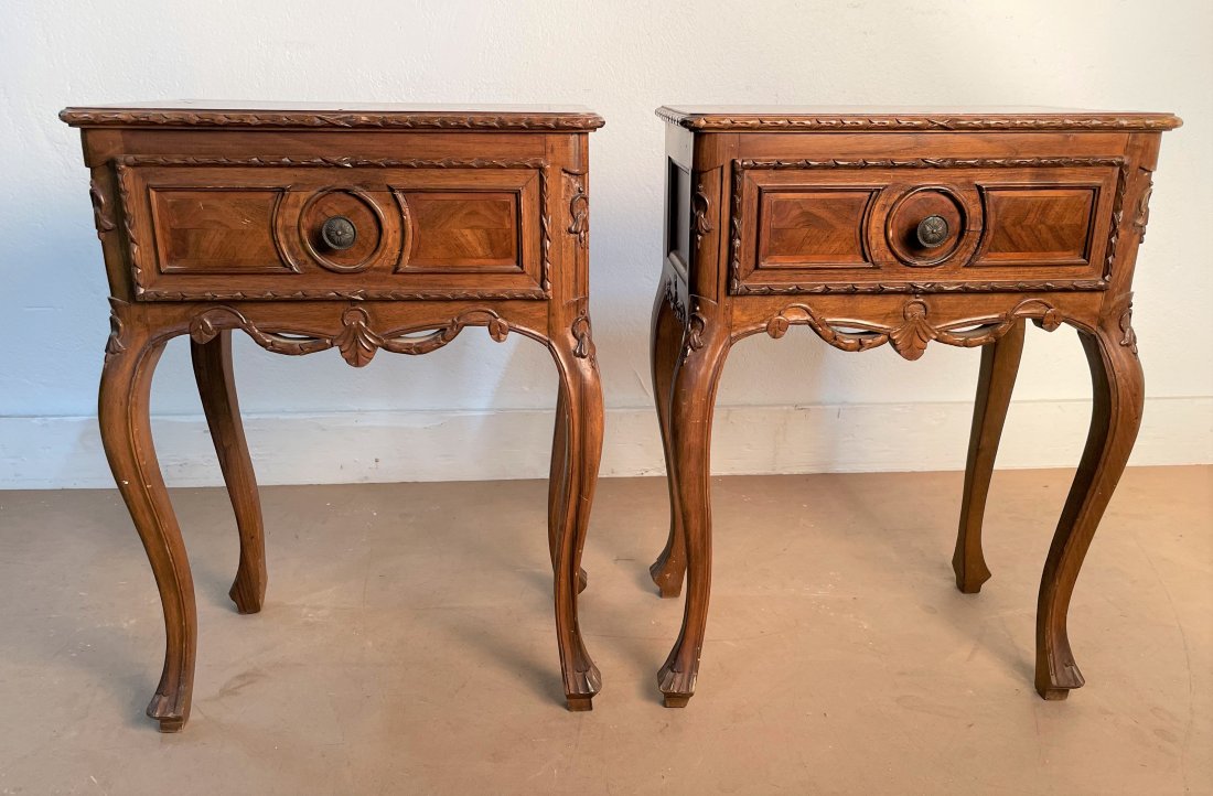 Italian Walnut Nightstands - Pair: Pair of Italian walnut nightstands with single pull-out drawers. Measures: 24.5H x 18.5W x 11.5D.