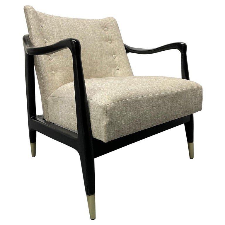 Selig Style Sculptural Lounge Chair: Chair has a black lacquered frame and upholstered. Brass feet. Measures: 31H x 28W x 30.5D.