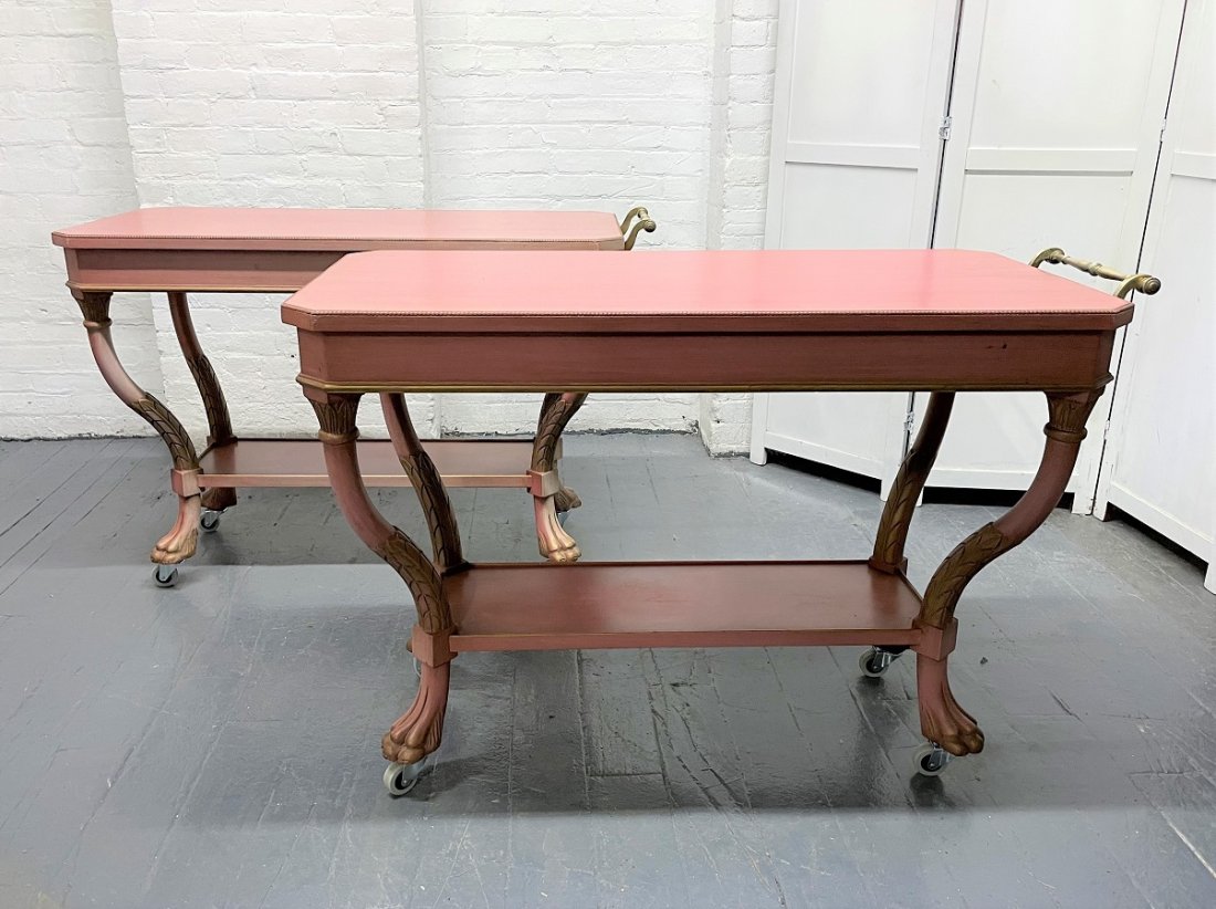 Pair Painted Bar Carts: The carts have brass handles, claw feet and nicely painted. Each measures: 29H x 42.25W x 20D.