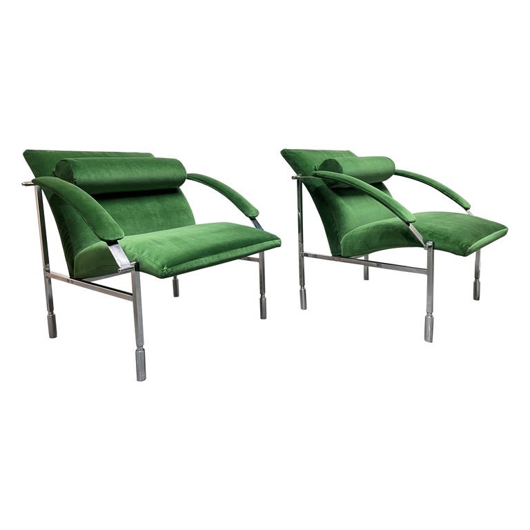 Italian Velvet and Chrome Lounge Chairs Pair (1 of 5)