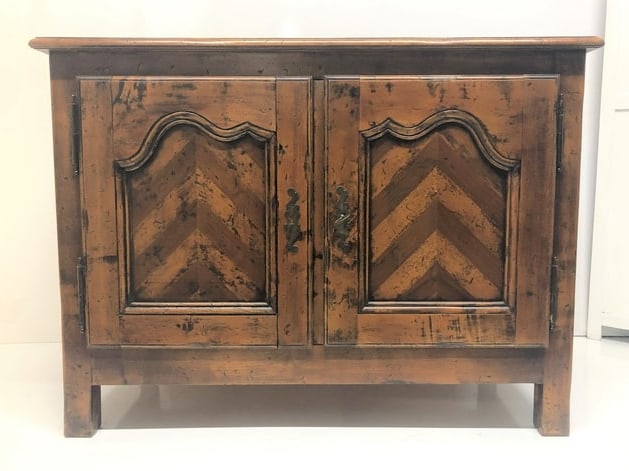 Italian Antique Style Cabinet: Antique style Italian country cabinet. Can be used as a buffet, server or as an entertainment center. Has a nice wood grain, original key and original hardware. Has a single internal pull-out drawer.