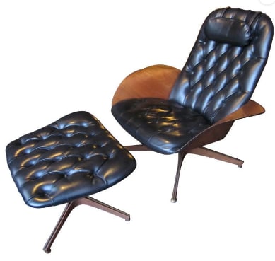 George Mulhauser Swivel Chairs for Plycraft: George Mulhauser swivel chairs for Plycraft. Walnut frames with fabric covered seats. Scrolled arms. Measures: 27H x 23.5W x 22D. Seat height: 18.