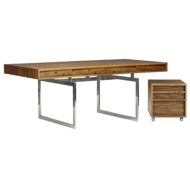 Bodil Kjaer Rosewood Desk with Cabinet: The desk features four drawers with keys. Cabinet features three drawers. Stamped manufacturer's mark to underside 'Jason Danmark Made in Denmark'. Desk is rosewood, chrome plated steel and lacquered