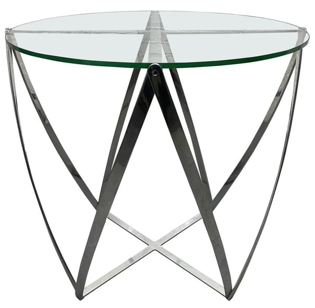 John Vesey Side Table: Polished aluminum frame with glass top side table. Measures: 28H x 29 in diameter.