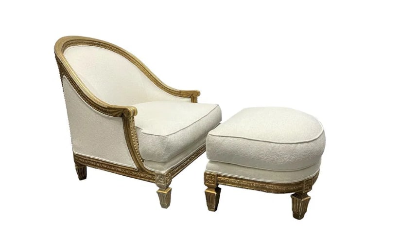 French Antique Style Lounge Chair and Ottoman: Upholstered chair and ottoman with a giltwood frame. Chair Measures: 37H x 36W x 36D. Seat height: 18.