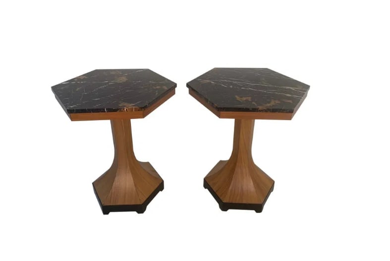 Walnut and Marble-Top Pedestal Tables (1 of 4)