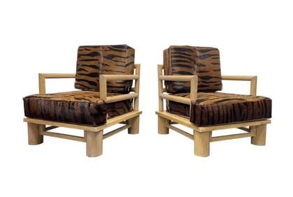 Dowel Wood Lounge Chairs in Zebra Hide Pair