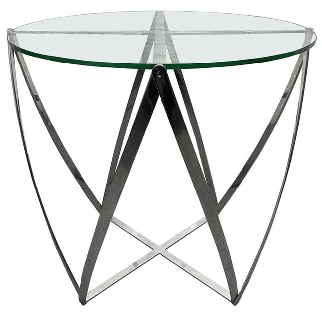 John Vesey Side Table: Polished aluminum frame with glass top side table. Measures: 28H x 29 in diameter.