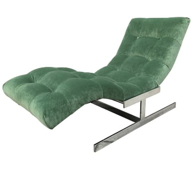 Wave Chaise Lounge: Milo Baughman style wave chaise lounge with polished chrome pedestal base. Newly upholstered in tufted green velvet.