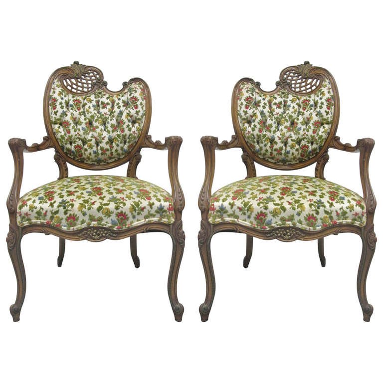 Pair Carved French Style Upholstered Chairs (1 of 3)