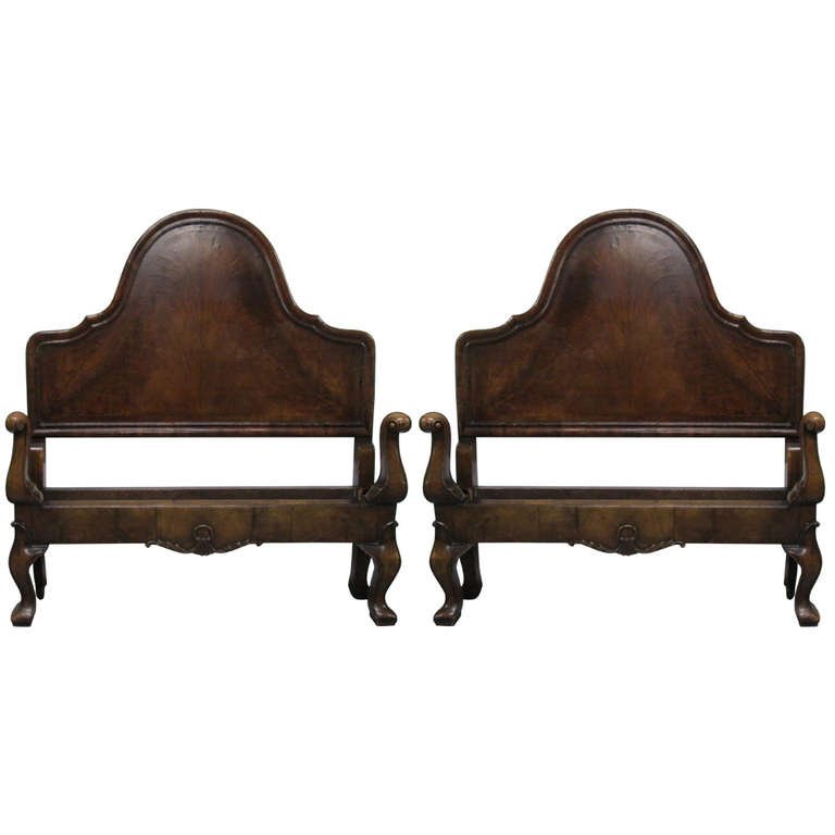 Pair Antique English Walnut Twin Size Beds: Pair Antique English Walnut Twin Size Beds (headboards and foot boards). Mid 19th century.Has rails and foot boards. Headboard measures (overall): 47"H x 43"W