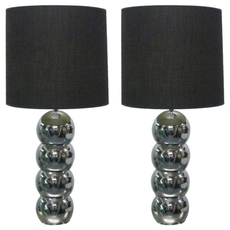 Pair Stacking Chrome Ball Lamps style of George Kovacs: Pair Stacking Chrome Ball Lamps style of George Kovacs. Shades not included. Measures: 34"H (to top of finial) Under bulb socket is 23"H.