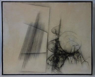 Robert Louis Nicoidski (1931-2001) Ambigu: Framed oil on canvas by artist Robert Louis Nicoidski (1931-2001, Switzerland). The abstract painting is signed on the verso R. L. Nicoidski, Paris and titled Ambigu (translated: Ambiguous). 