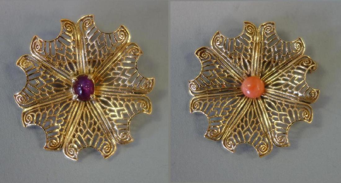 Pair of 14K Gold Brooch Pin Pendants, Coral & Ruby (1 of 3)