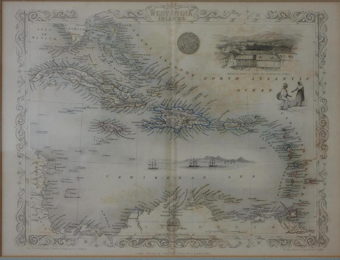 19thc Map: West India Islands, John Tallis & Co: Framed 19th century antique map. West India Islands, John Tallis & Company, London and New York, Published 1851. Hand colored, the map drawn and engraved by J. Rapkin. The illustrations by H. Warren &
