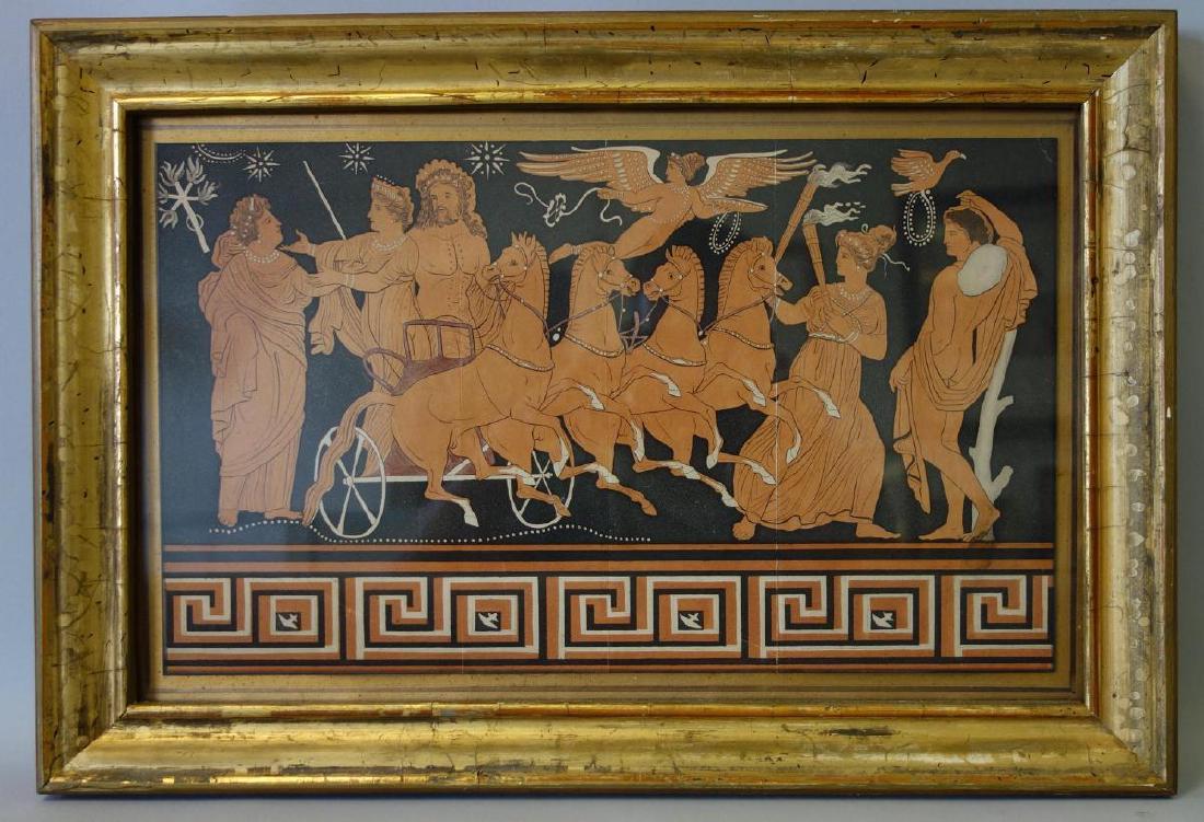 Framed Greek Pictorial Frieze: Framed Greek classical pictorial frieze. The aquatint etching depicts a crowned female figure and a part nude male driving a four horse chariot. Two female attendants and a male nude figure flank the 
